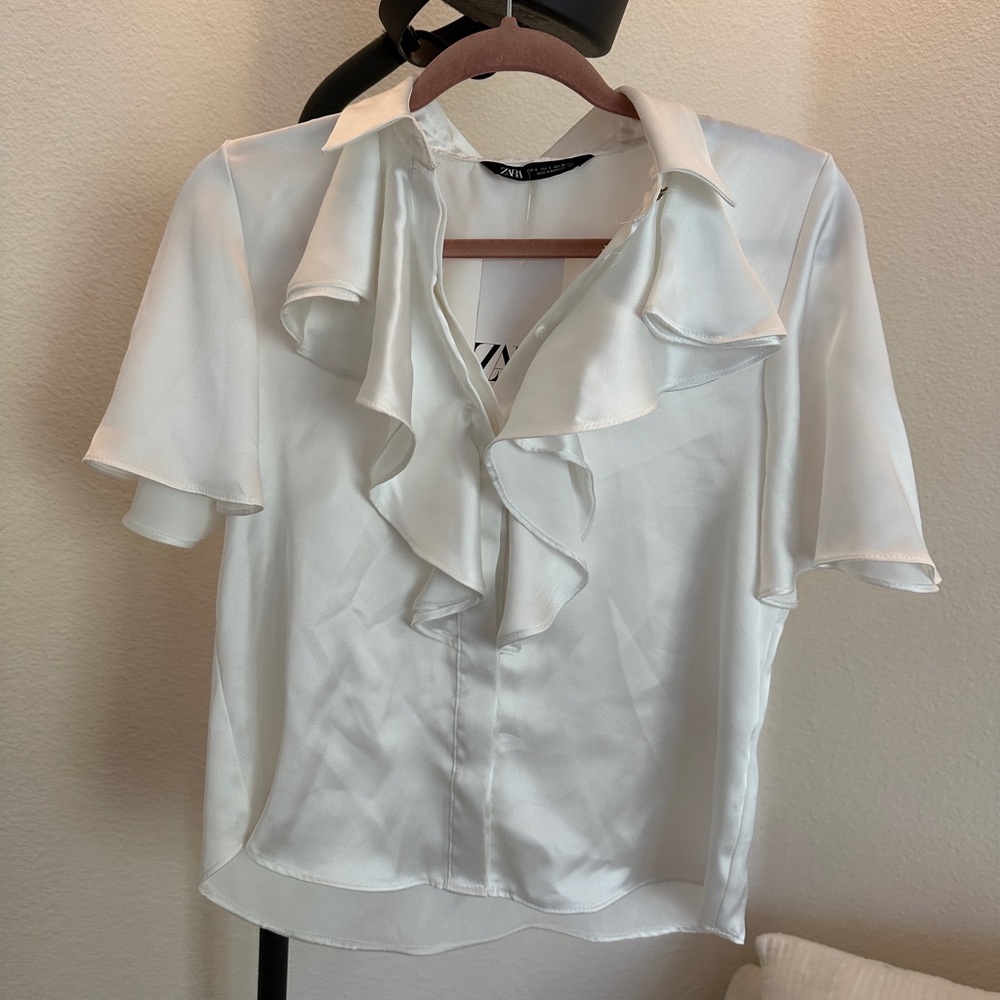 NWT ZARA Silky Satin Ruffle Top in White